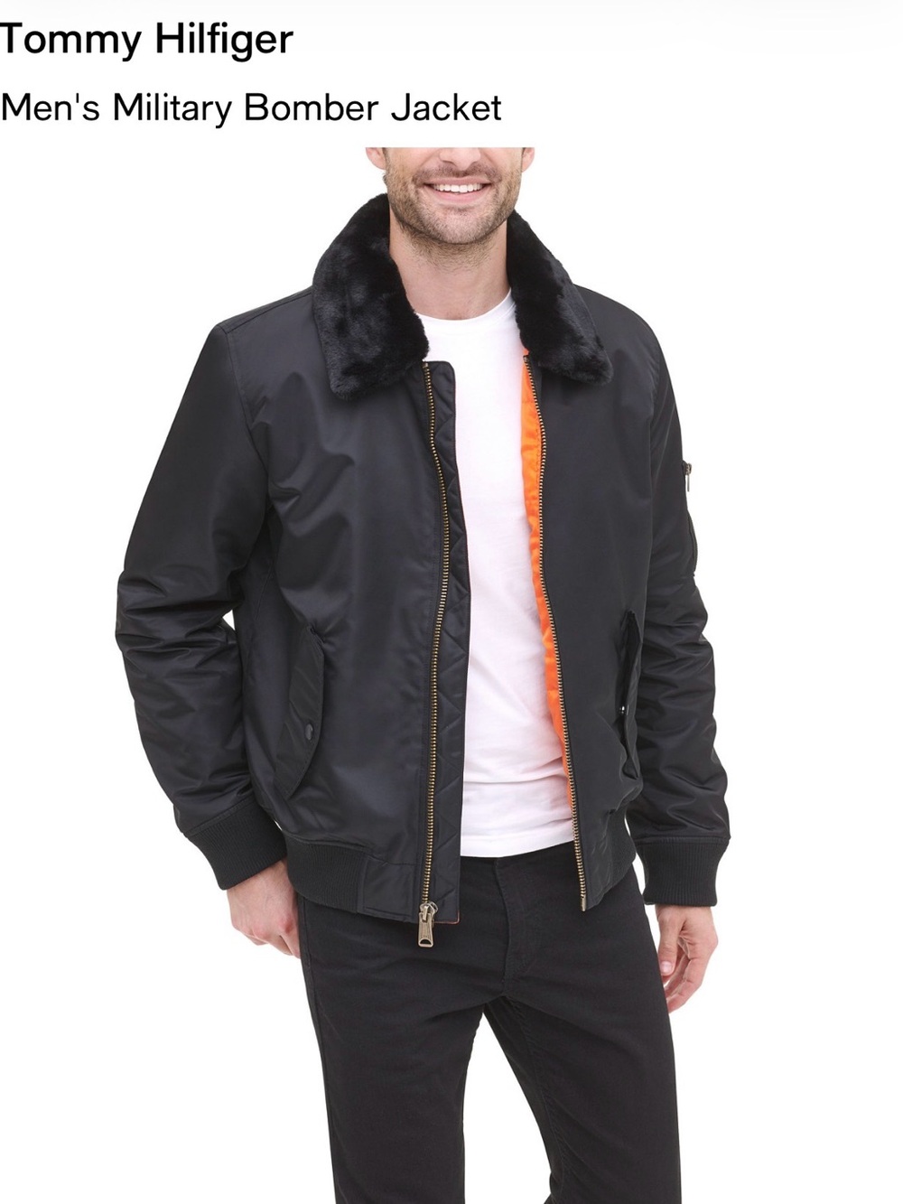 Tommy Hilfiger Black Bomber Jacket with Orange Lining and Faux Fur Collar - M